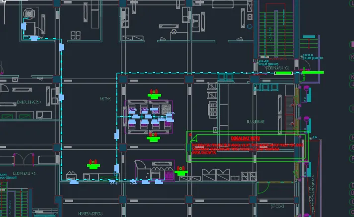 AutoCAD'de hazırlanmış tesisat planı
