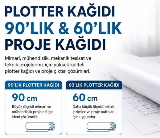 90 ve 60 santimlik plotter kağıdı ruloları